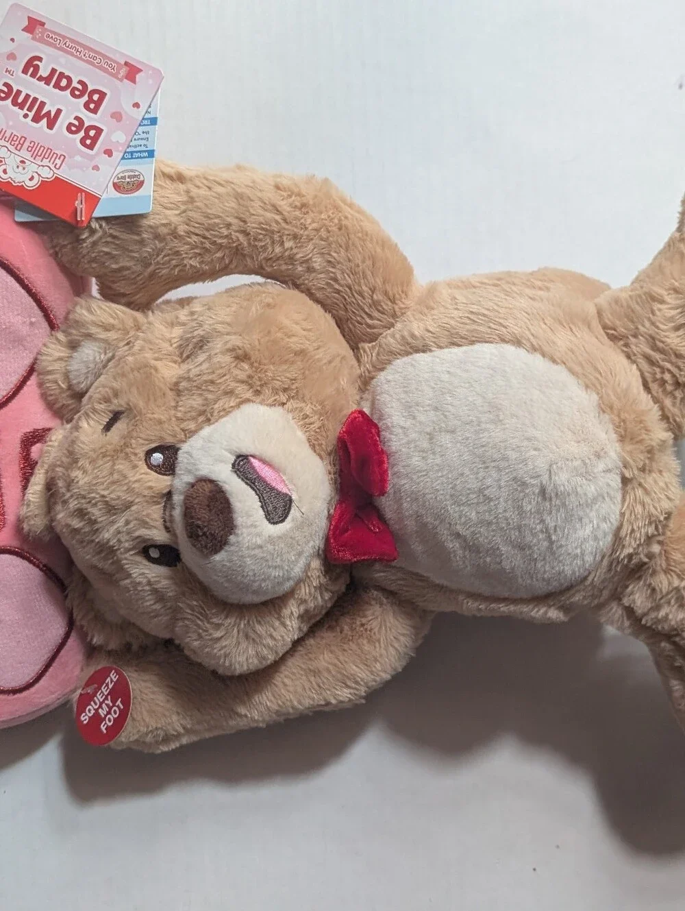 Plush Light Brown Teddy Bear with Pink Heart Pillow - Soft Cuddly Stuffed Animal